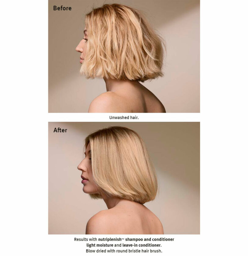 Nutriplenish de Aveda antes y después rubio ondas BETH'S HAIR