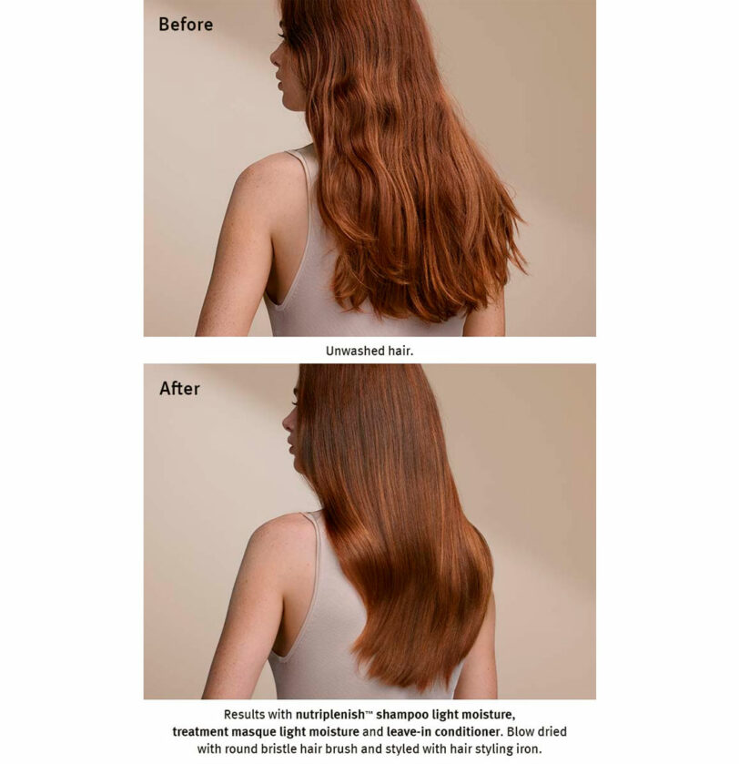 Nutriplenish de Aveda antes y después pelirojo liso BETH'S HAIR