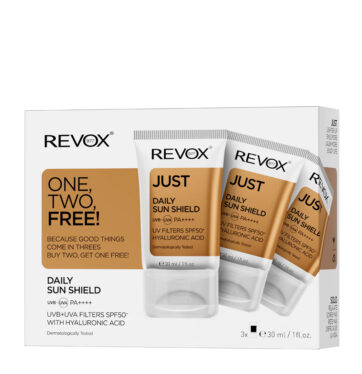Pack 3x2 protector solar diario SPF50+ con Ácido Hialurónico DAILY SUN SHIELD UVA+UVB FILTERS de REVOX B77 JUST BETH'S HAIR