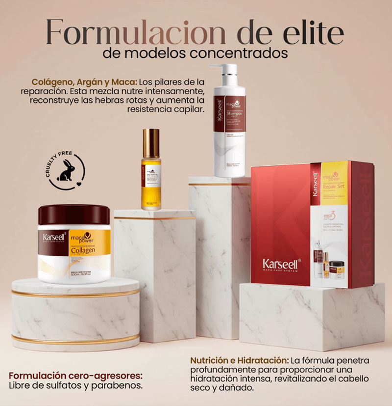 Pack reparación, nutrición y anti encrespamiento champú, mascarilla y aceite Maca Essence de Karseell BETH'S HAIR Pack reparación, nutrición y anti encrespamiento champú, mascarilla y aceite Maca Essence de Karseell BETH'S HAIR