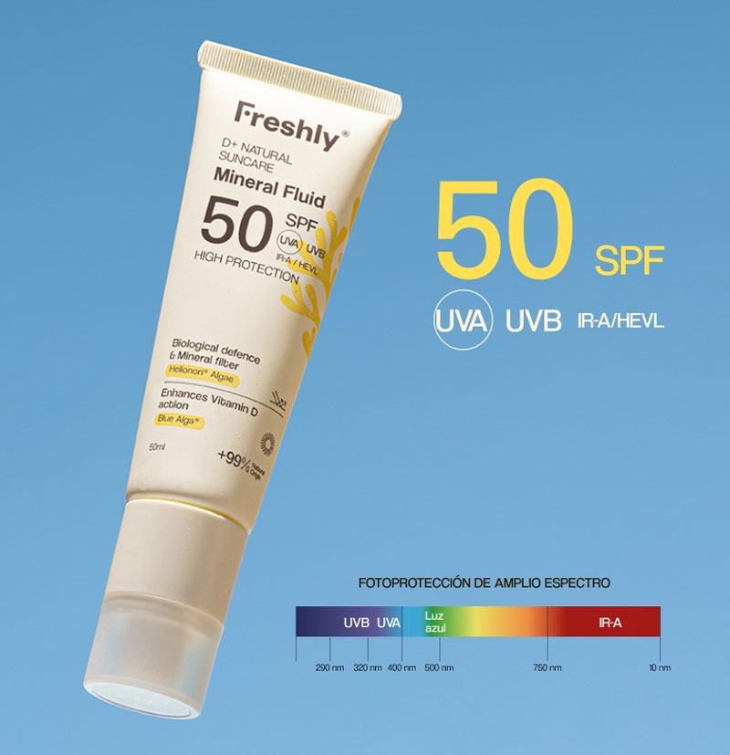 Fotoprotector natural facial fluido SPF 50 D+ Natural Suncare Mineral Fluid de Freshly Cosmetics BETH'S HAIR Fotoprotector natural facial fluido SPF 50 D+ Natural Suncare Mineral Fluid de Freshly Cosmetics BETH'S HAIR
