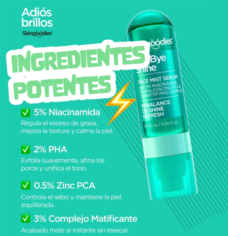 Sérum facial en bruma oil control Bye Bye Shine de skingoodies BETH'S HAIR Sérum facial en bruma oil control Bye Bye Shine de skingoodies BETH'S HAIR